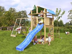 Leikkitorni Jungle Gym Fort 2.1 ja Climb Module sekä sininen liukumäki