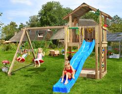 Leikkitorni Jungle Gym Chalet 2.1 ja Swing Module X'tra sekä sininen liukumäki
