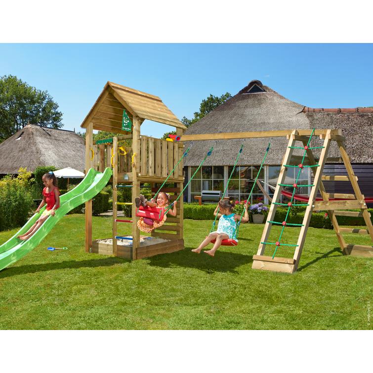 Leikkitorni Jungle Gym Cabin 2.1 ja Climb Module sekä vihreä liukumäki