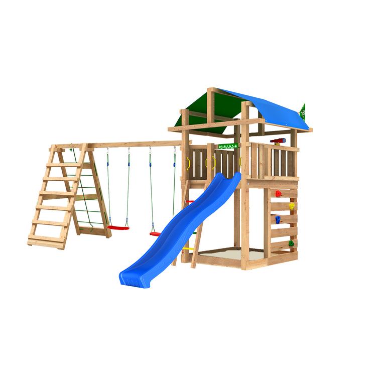 Leikkitorni Jungle Gym Fort 2.1 ja Climb Module sekä sininen liukumäki
