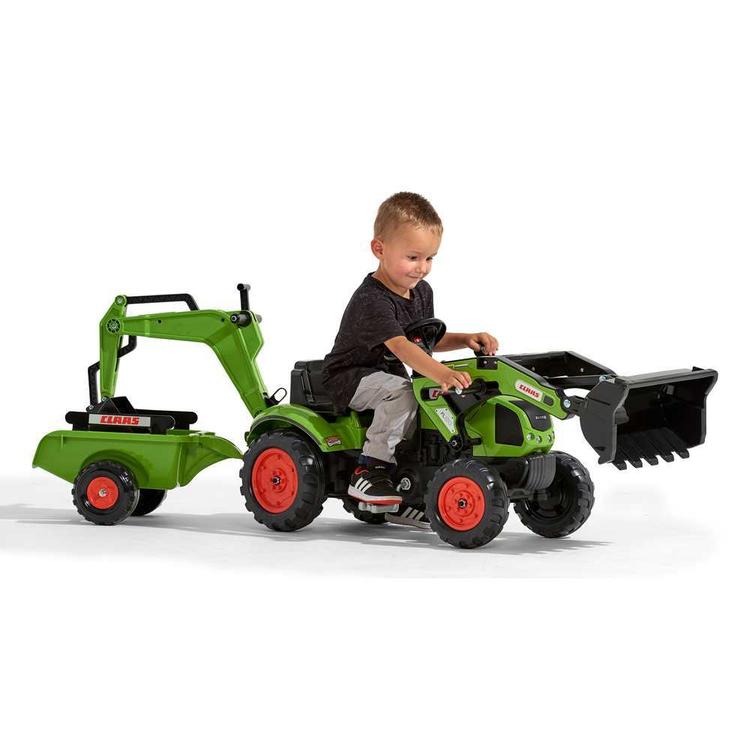 FALK children's pedal tractor with Claas loader, excavator, and trailer