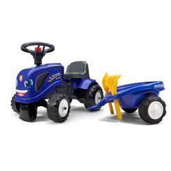 Falk baby New Holland lasten traktori, peräkärryllä, haravalla ja lapiolla. 1-3v.