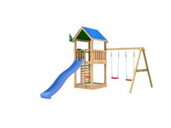 Leikkitorni Jungle Gym Lodge 2.1 ja Swing Module sek&auml; sininen liukum&auml;ki