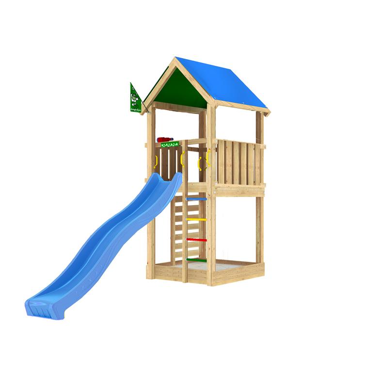 Leikkitorni Jungle Gym Lodge 2.1 ja sininen liukumäki