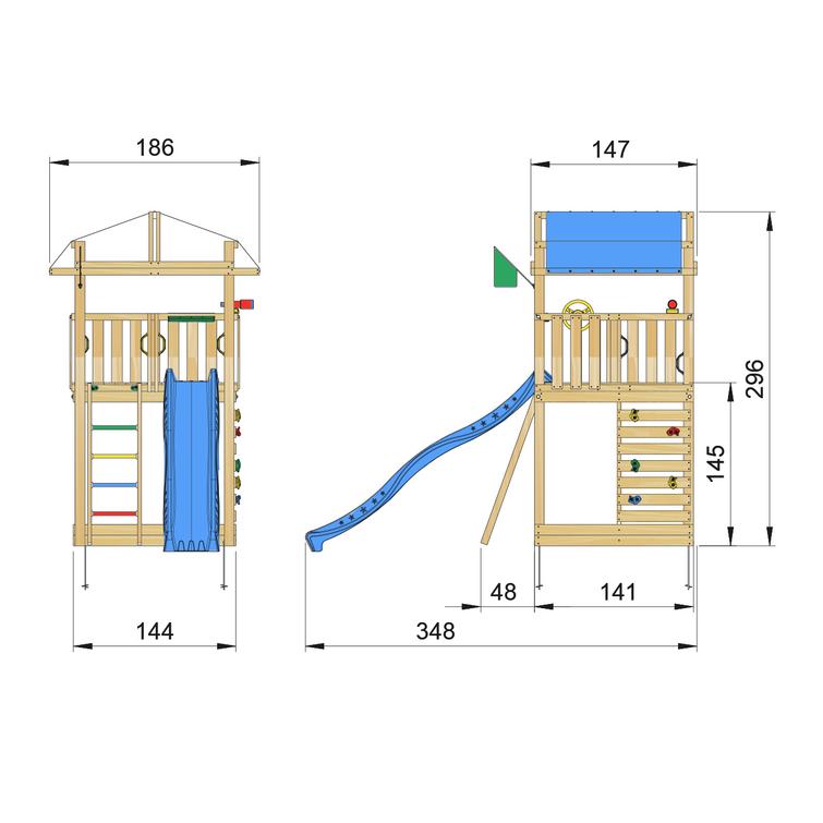 Leikkitorni Jungle Gym Fort 2.1 ja sininen liukum&auml;ki