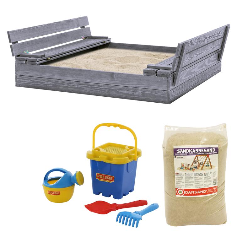 Hiekkalaatikko penkeiksi kääntyvällä kannella 120 x 120 cm, sisältää hiekan ja hiekkalelusetin, harmaa NORDIC PLAY