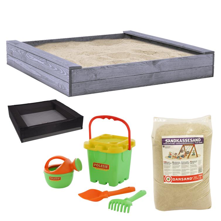 Hiekkalaatikko 120 x 120 cm, sisältää hiekan, verkon ja hiekkalelusetin, harmaa NORDIC PLAY