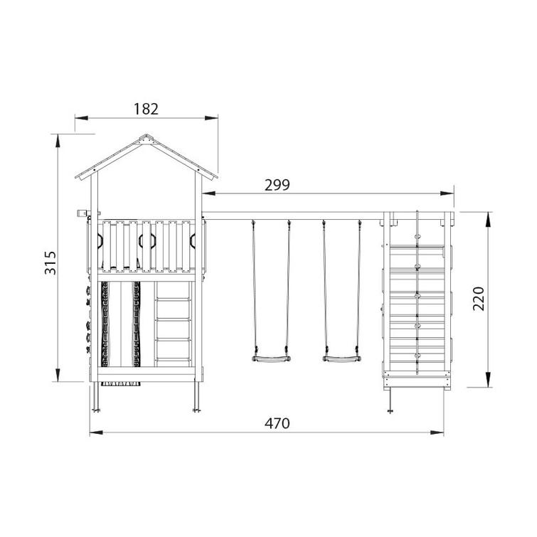 Lektorn Jungle Gym Chalet 2.1 och kl&auml;ttermodul X'tra och bl&aring; rutschkana