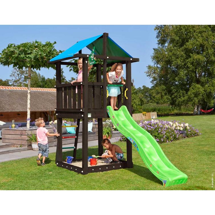 Jungle Gym Hut leikkitornikokonaisuus sis. liukum&auml;en, mustaksi petsattu