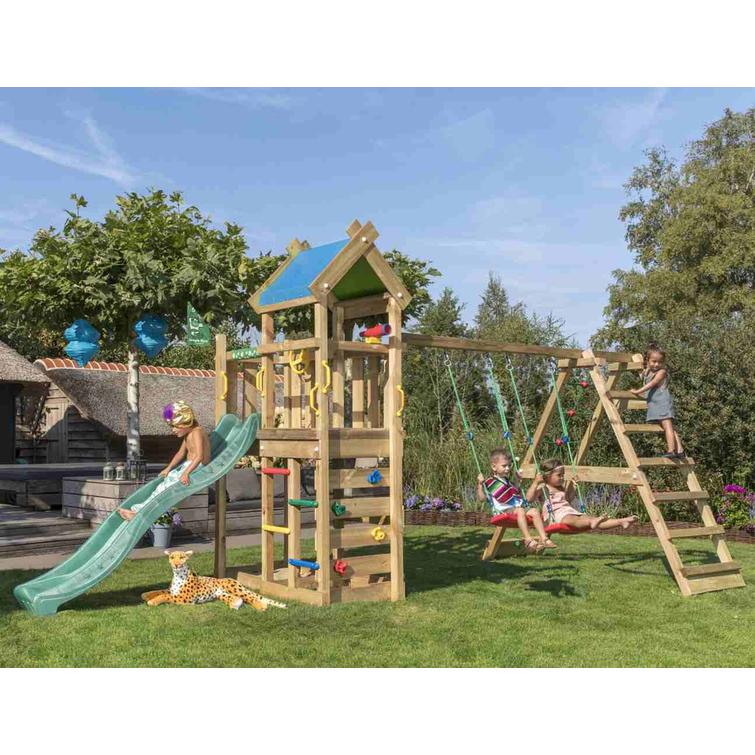 Leikkitorni Jungle Gym nomad sekä climb module ja vihreä liukumäki