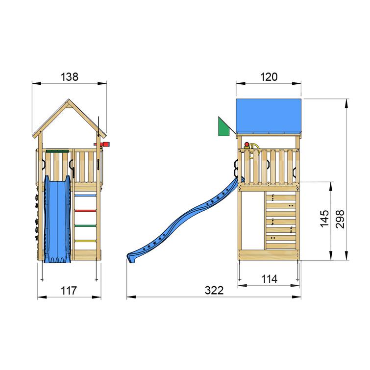 Leikkitorni Jungle Gym Lodge 2.1 ja sininen liukumäki
