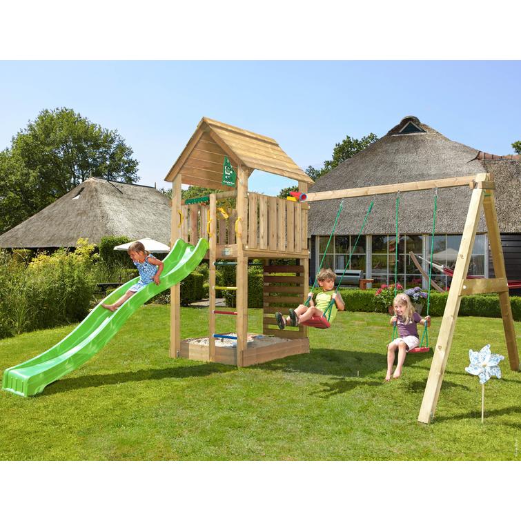 Play tower Jungle Gym Cabin 2.1 with Swing Module and green slide