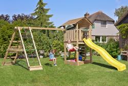 Leikkitorni Jungle Gym Cottage 2.1 sekä Climb module ja keltainen liukumäki