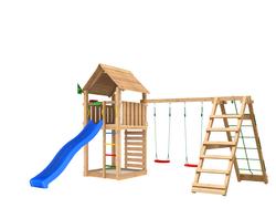 Leikkitorni Jungle Gym Cabin 2.1 ja Climb Module, 120 kg hiekkaa sekä sininen liukumäki