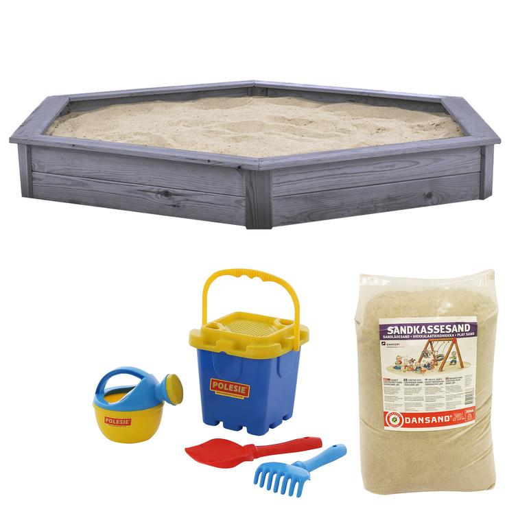 Hiekkalaatikko 6-kulmainen, sisältää hiekan, verkon ja hiekkalelusetin, harmaa NORDIC PLAY