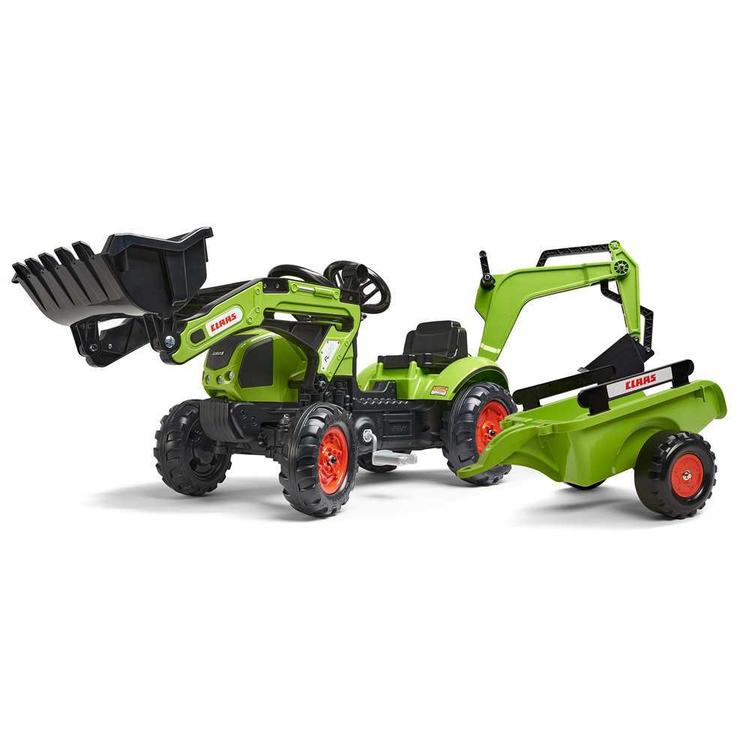 FALK children's pedal tractor with Claas loader, excavator, and trailer