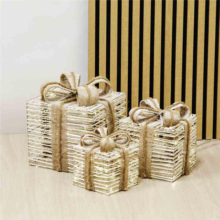 Joululahjapaketit valolla, 3 kpl. Juuttirusetti. 