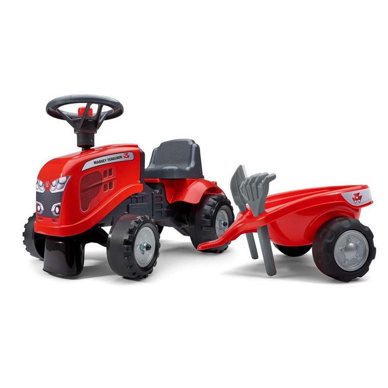 Falk baby Massey Ferguson lasten traktori, per&auml;k&auml;rryll&auml;, haravalla ja lapiolla. 1-3v.
