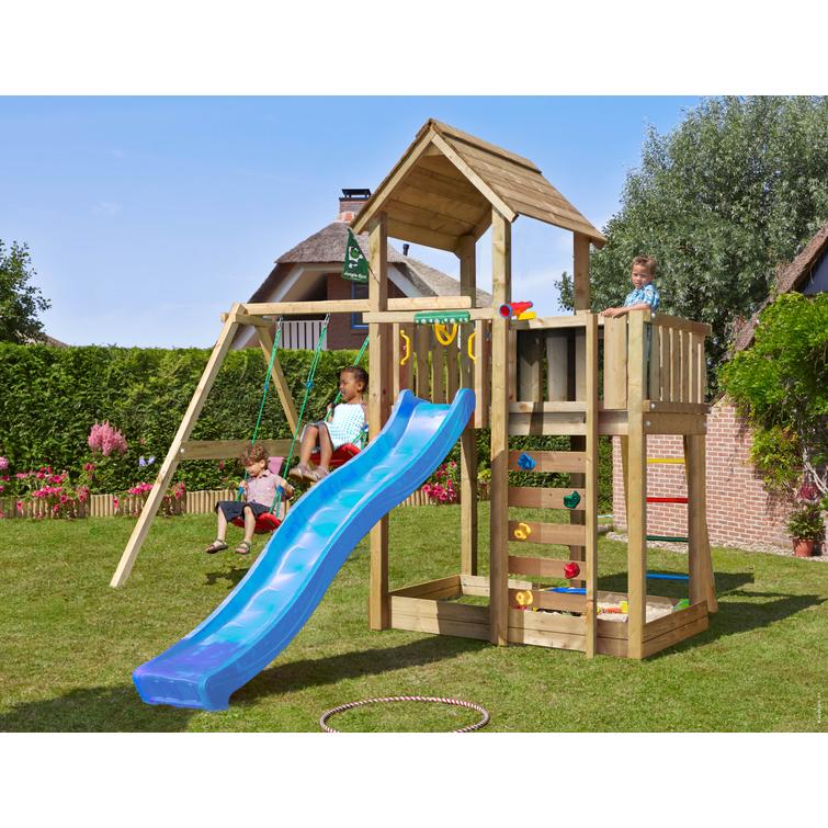 Leikkitorni Jungle Gym Mansion 2.1 ja Swing Module sekä sininen liukumäki