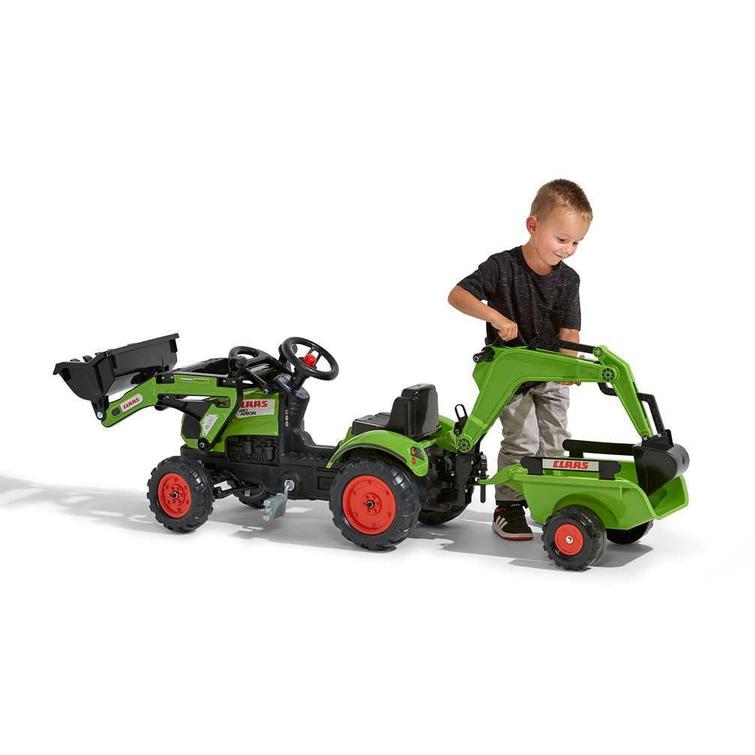 FALK children's pedal tractor with Claas loader, excavator, and trailer