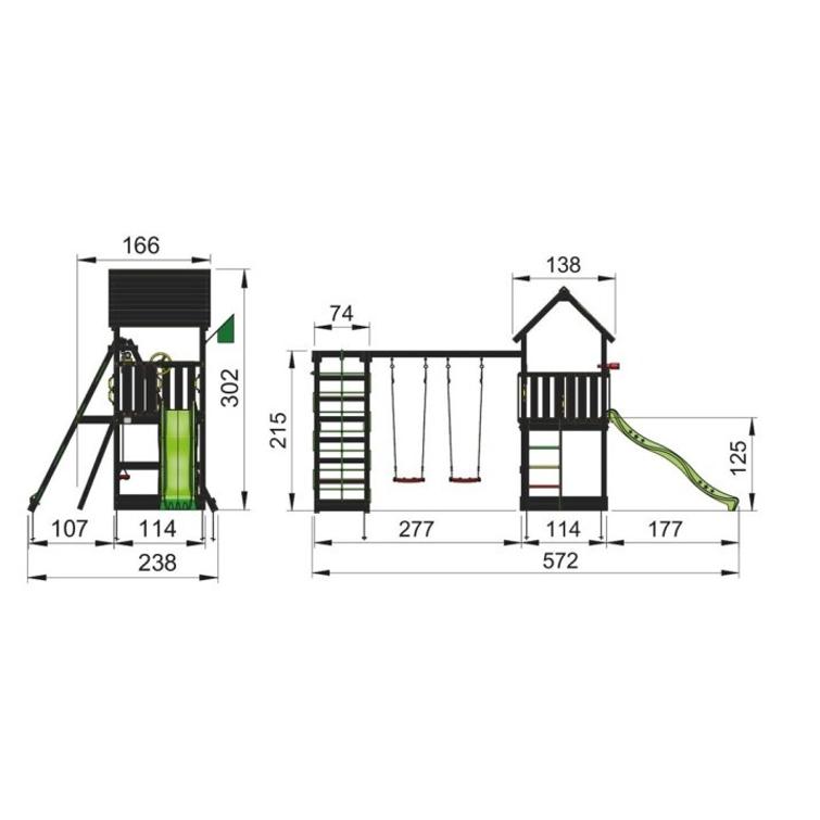 Jungle Gym Club leikkitorni ja Climb Module X'tra sekä liukumäki, mustaksi petsattu. Tulossa 15.5.23