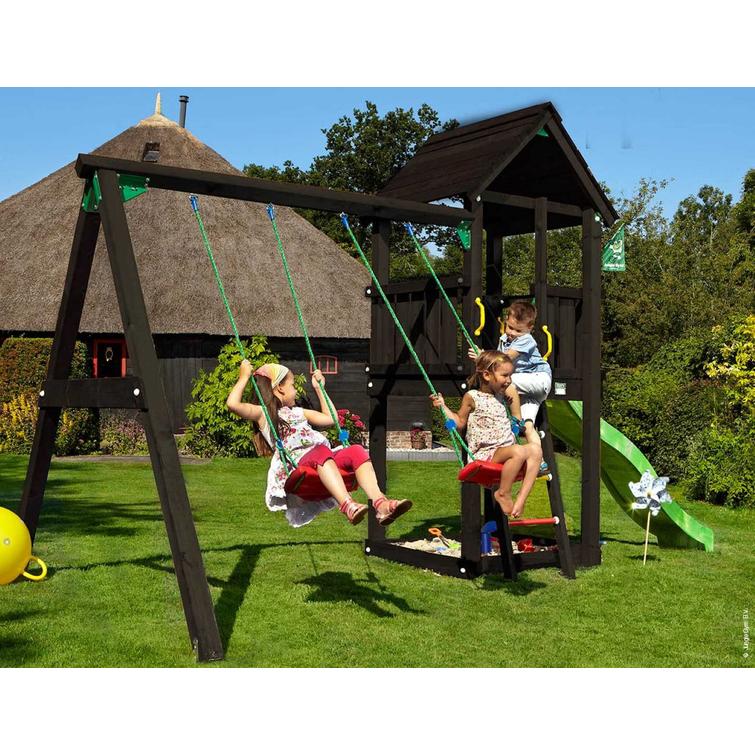 Jungle Gym Club play tower and Swing Module X'tra and slide, stained black.