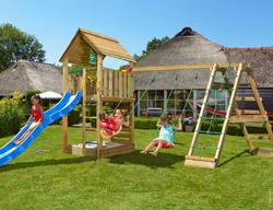 Leikkitorni Jungle Gym Cabin 2.1 ja Climb Module, 120 kg hiekkaa sek&auml; sininen liukum&auml;ki