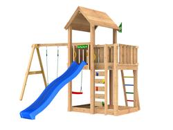 Leikkitorni Jungle Gym Mansion 2.1 ja Swing Module sekä sininen liukumäki