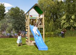 Leikkitorni Jungle Gym Lodge 2.1 ja Climb Module sekä sininen liukumäki