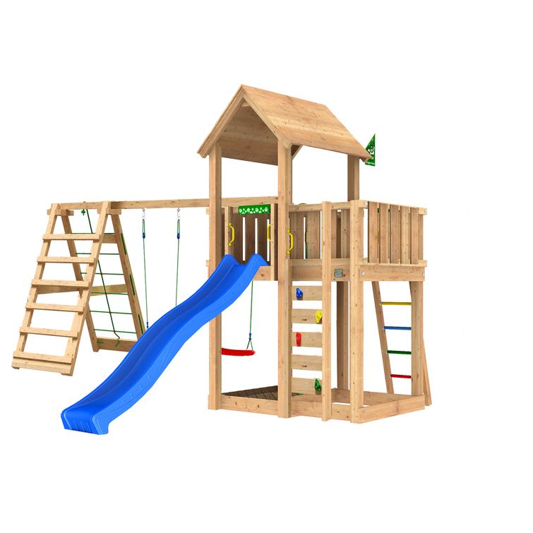 Leikkitorni Jungle Gym Mansion 2.1 ja Climb Module sekä sininen liukumäki