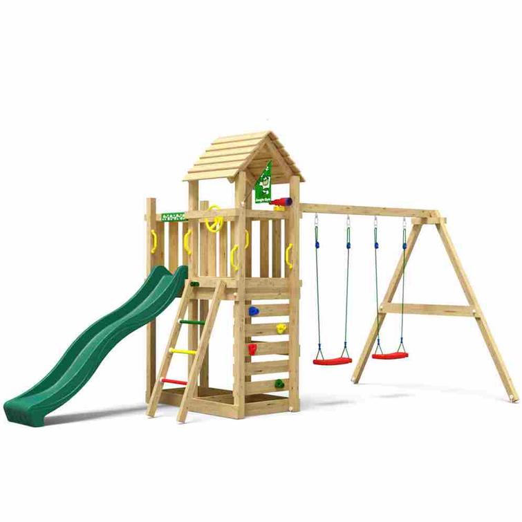 Leikkitornikokonaisuus Jungle Gym Safari 2-Swing Module 200 ja tummanvihre&auml; liukum&auml;ki