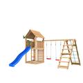 Leikkitorni Jungle Gym Cabin 2.1 ja Climb Module, 120 kg hiekkaa sekä sininen liukumäki