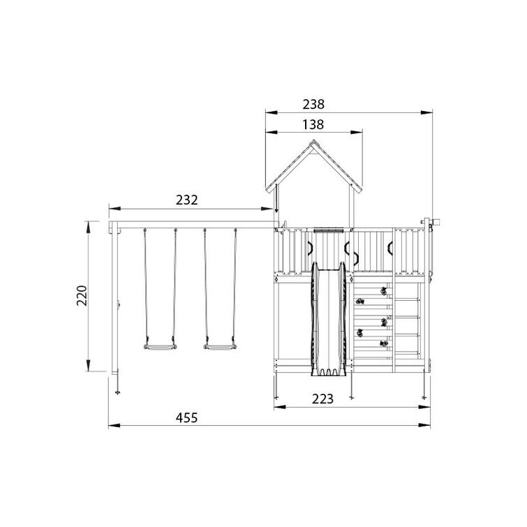 Leikkitorni Jungle Gym Mansion 2.1 ja Swing Module sekä sininen liukumäki