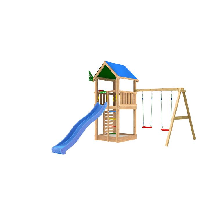 Leikkitorni Jungle Gym Lodge 2.1 ja Swing Module sekä sininen liukumäki