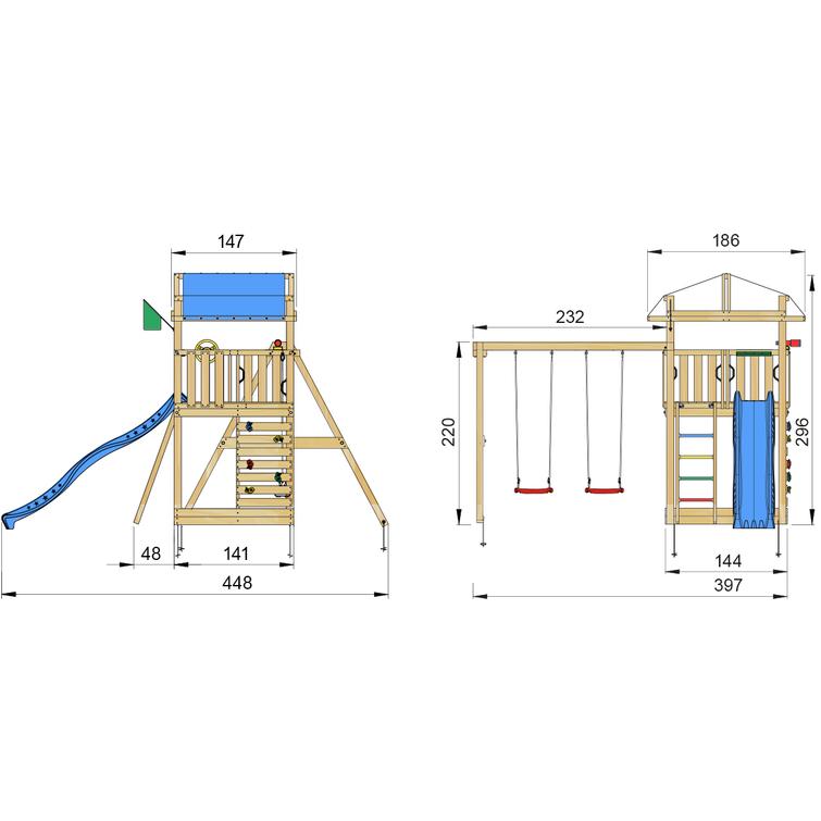 Leikkitorni Jungle Gym Fort 2.1 ja Swing Module sekä sininen liukumäki