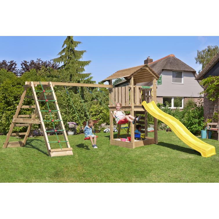 Leikkitorni Jungle Gym Cottage 2.1 sek&auml; Climb module ja keltainen liukum&auml;ki