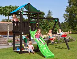 Jungle Gym Hut leikkitornikokonaisuus ja Swing Module X'tra sekä liukumäki, mustaksi petsattu