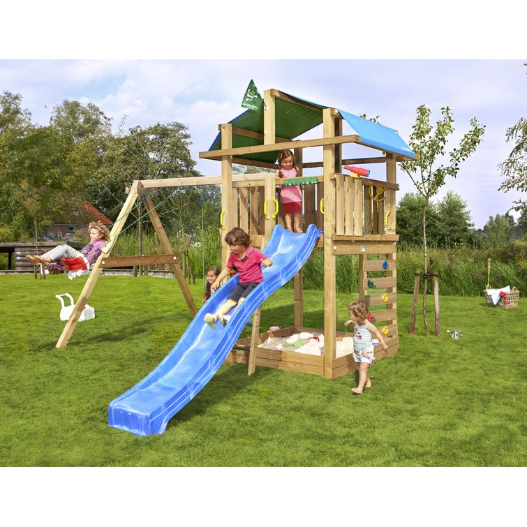 Leikkitorni Jungle Gym Fort 2.1 ja Swing Module sekä sininen liukumäki