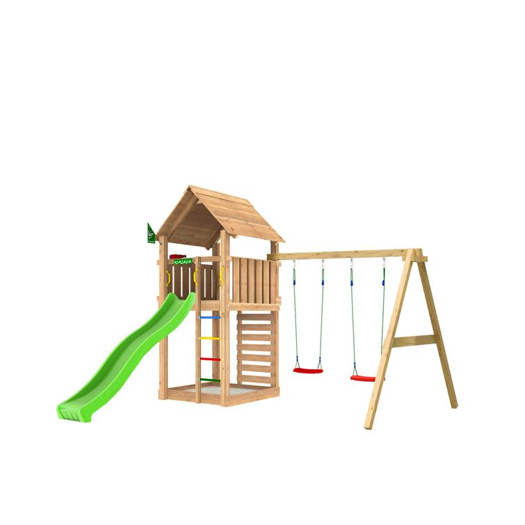 Play tower Jungle Gym Cabin 2.1 with Swing Module and green slide