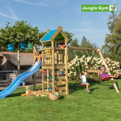 Leikkitorni Jungle Gym Nomad sekä keinumoduuli, kaksi keinua ja sininen liukumäki.