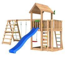 Leikkitorni Jungle Gym Mansion 2.1 ja Climb Module sekä sininen liukumäki