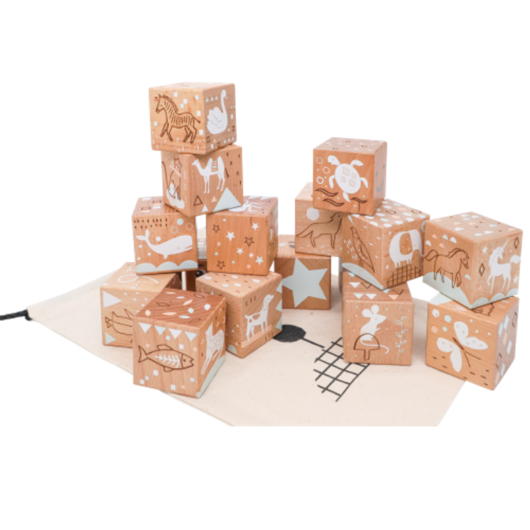 Puupalikat kuvilla ja numeroilla lapsille 16kpl, py&ouml;kki&auml;. Sis. s&auml;ilytyspussi