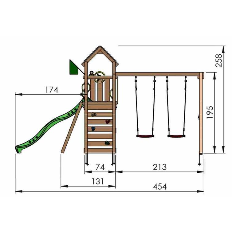 Leikkitornikokonaisuus Jungle Gym Safari 2-Swing Module 200 ja tummanvihreä liukumäki