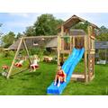 Lektorn Jungle Gym Chalet 2.1 och gungmodul X'tra och blå rutschkana