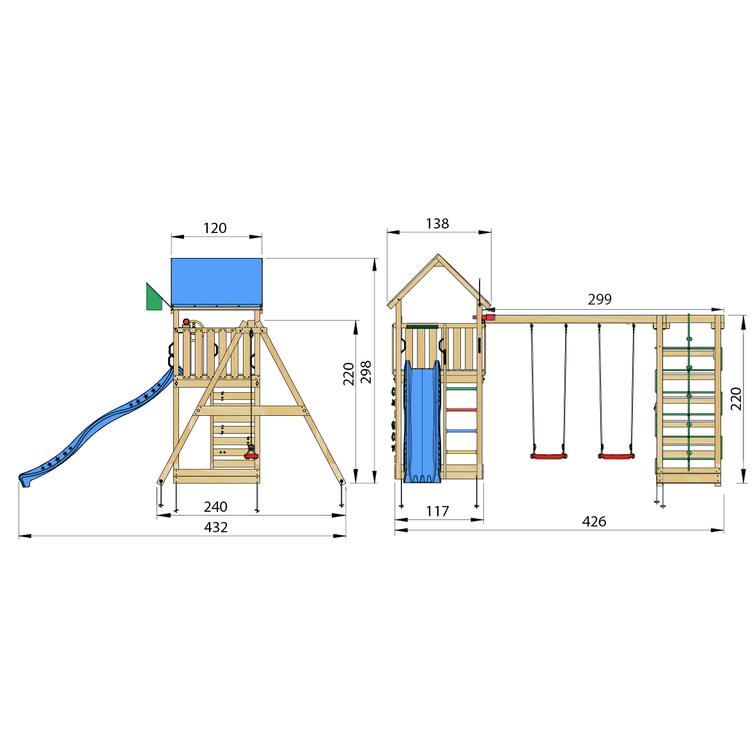 Play tower Jungle Gym Lodge 2.1 with Climb Module and blue slide