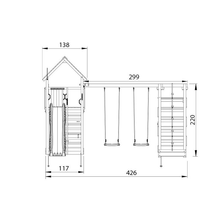 Lektorn Jungle Gym Cabin 2.1 och kl&auml;ttermodul, 120 kg sand och bl&aring; rutschkana