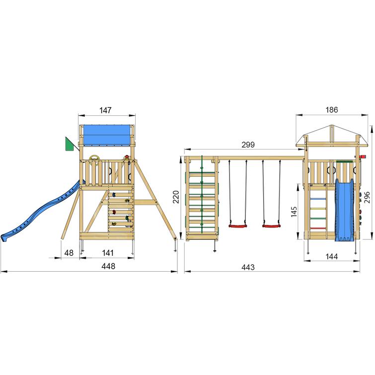Leikkitorni Jungle Gym Fort 2.1 ja Climb Module sekä sininen liukumäki
