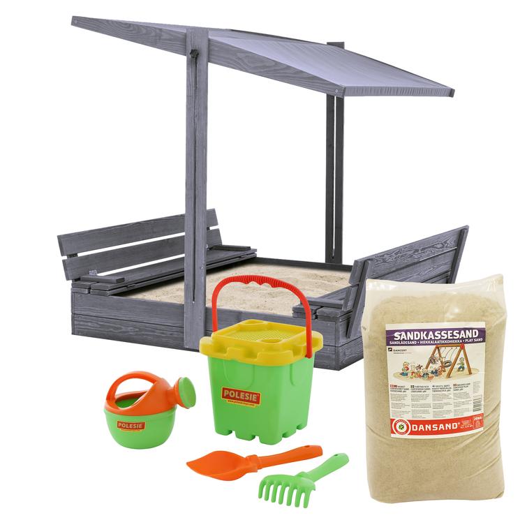 Hiekkalaatikko katolla 120 x 120 cm, sisältää hiekan ja hiekkalelusetin, harmaa NORDIC PLAY