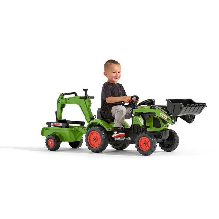 FALK children's pedal tractor with Claas loader, excavator, and trailer