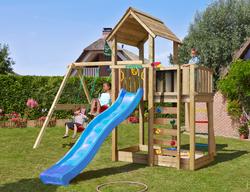 Leikkitorni Jungle Gym Mansion 2.1 ja Swing Module sekä sininen liukumäki